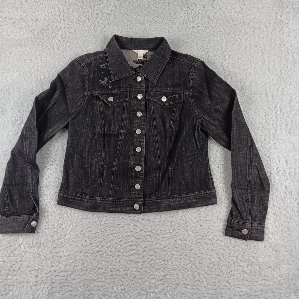Cato Womens Black Denim Jacket Floral‎ Embroidered Trucker Coat Size Medium M